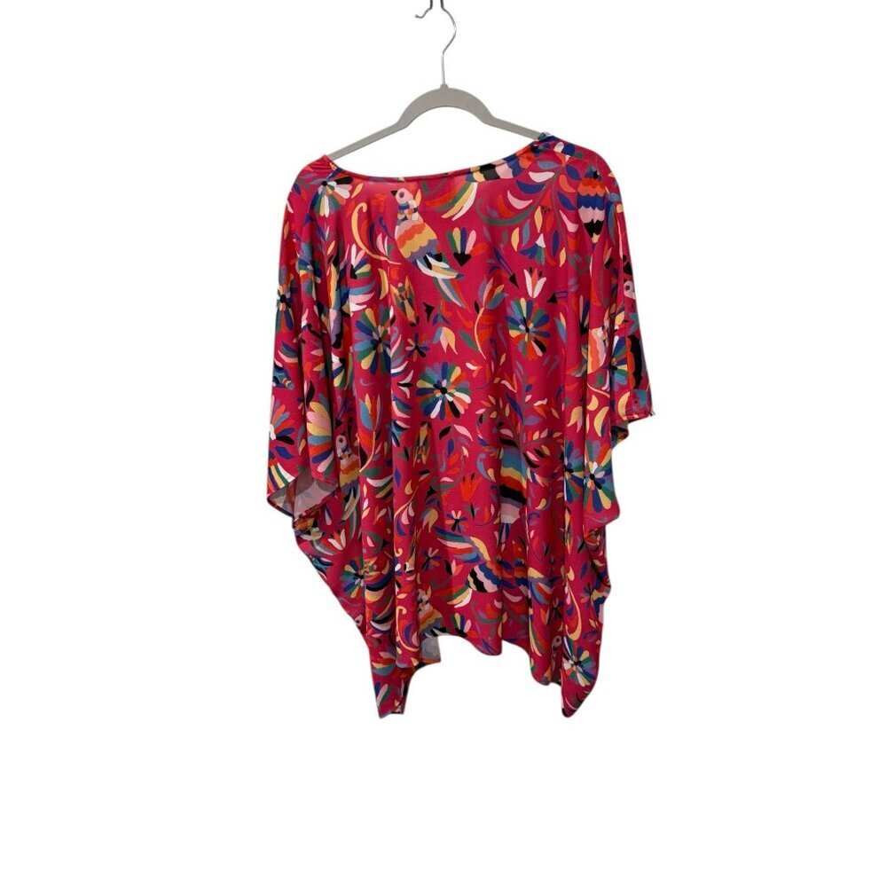 Judith March Womens Pink Multicolor Boho Floral Parrot Print Poncho Blouse M